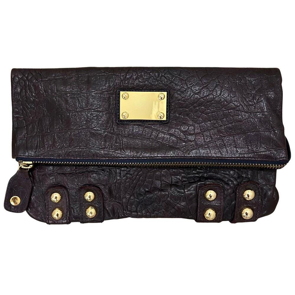Linea Pelle Collection Croc Embossed Leather Foldover Clutch Brown Studded